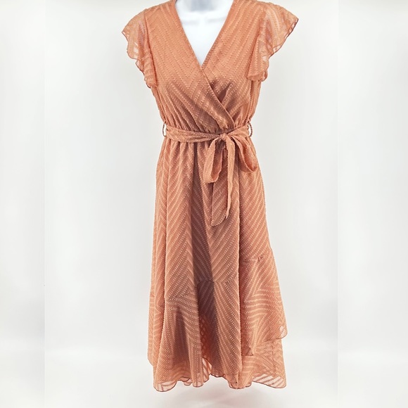 Jacquard Butterfly Sleeve Ruffle Hem Belted Dress - Picture 3 of 8